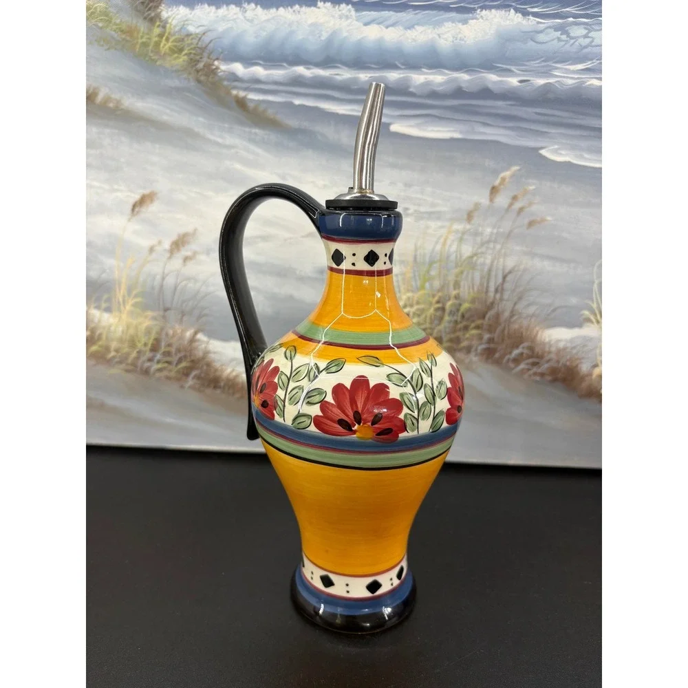Pier 1 Alexandria Hand Painted Earthenware Oil Vinegar Cruet Floral Yellow Red